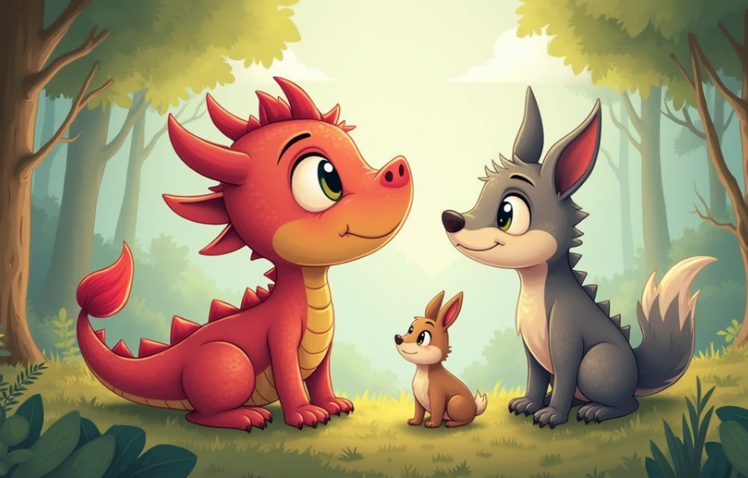 Дракончик Іскринка зустрів вовка та зайчика